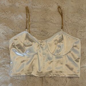 Satin Bustier Crop Top with Chain Straps - White